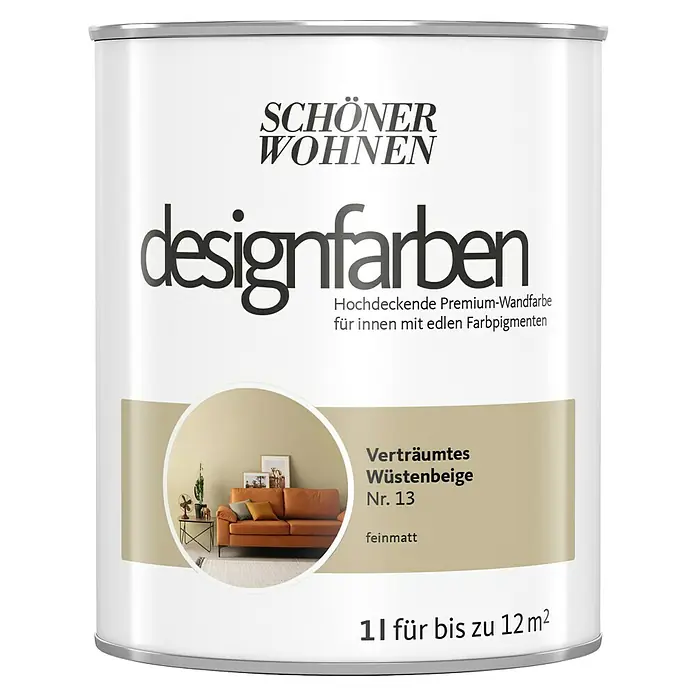 SCHÖNER WOHNEN-Farbe Wandfarbe Designfarbe - Verträumtes Wüstenbeige, Matt, 1 l, Konservierungsmittelfrei - Dose Schönere Wohnen Designfarben in "Verträumtes Wüstenbeige Nr. 13", einer Premium-Wandfarbe für Innenräume.