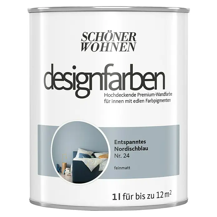 SCHÖNER WOHNEN-Farbe Wandfarbe Designfarbe - Entspanntes Nordischblau, Matt, 1 l, Konservierungsmittelfrei - Dose Schön Wohnen Designfarben Nordischblau Nr. 24, eine matte Premium-Wandfarbe für Innenräume mit edlen Farbpigmenten, 1 Liter für bis zu 12 m².