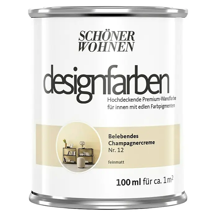 SCHÖNER WOHNEN-Farbe Wandfarbe Designfarbe - Belebendes Champagnercreme, Matt, 100 ml, Konservierungsmittelfrei - Dose Schönen Wohnen Designfarben "Belebendes Champagnercreme Nr. 12", eine hochwertige, feinmatte Wandfarbe für Innenräume mit edlen Farbpigmenten.