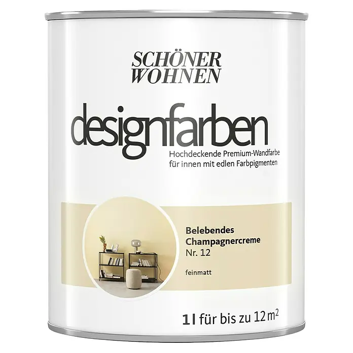 SCHÖNER WOHNEN-Farbe Wandfarbe Designfarbe - Belebendes Champagnercreme, Matt, 1 l, Konservierungsmittelfrei - Dose Schön Wohnen Designfarben, hochdeckende Premium-Wandfarbe für Innenräume, Farbe Belebendes Champagnercreme Nr. 12, feinmatt, 1 l für bis zu 12 m².