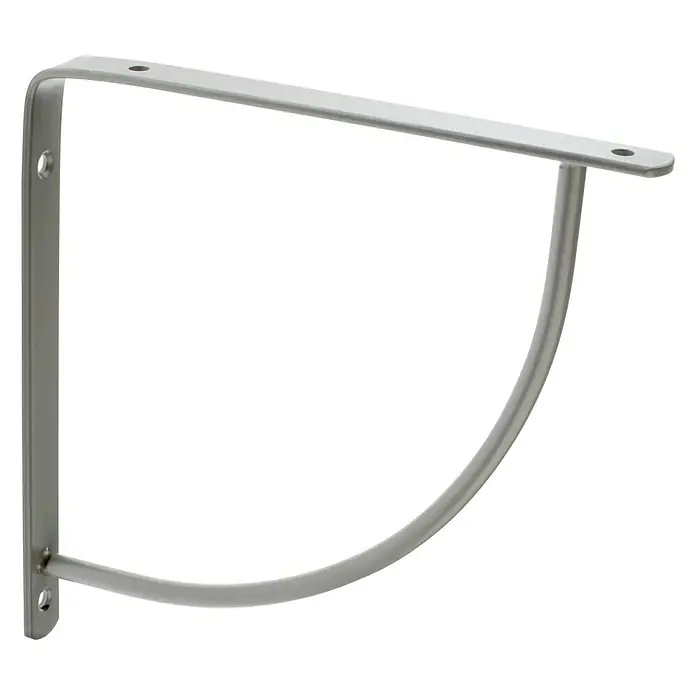 Rei Escuadra de soporte Belly - Plateado, L x An x Al: 20 x 20 x 2 cm - Un soporte de estante plateado con agujeros para tornillos, diseñado para una fijación segura. El diseño es minimalista y funcional.