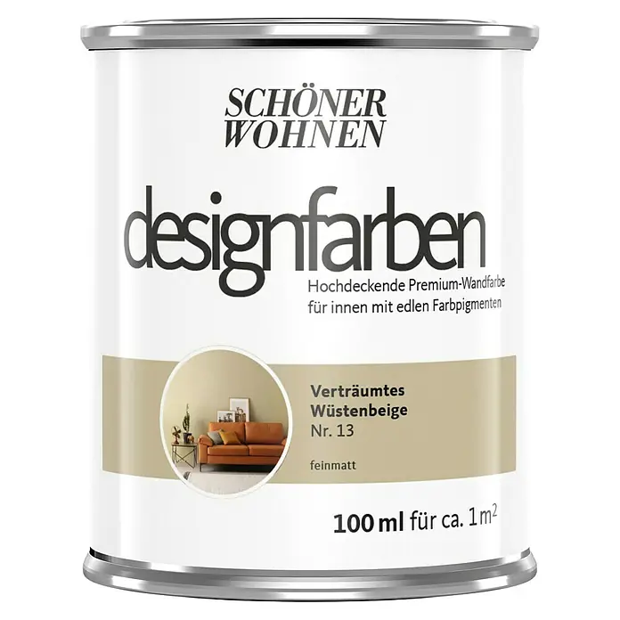 SCHÖNER WOHNEN-Farbe Wandfarbe Designfarbe - Verträumtes Wüstenbeige, Matt, 100 ml, Konservierungsmittelfrei - Farbdose "Schöner Wohnen Designfarben Wüstenbeige Nr. 13", 100ml, für hochwertige Innenwandgestaltung mit edlen Farbpigmenten.