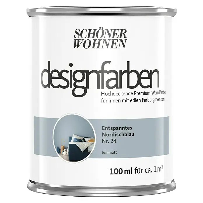 SCHÖNER WOHNEN-Farbe Wandfarbe Designfarbe - Entspanntes Nordischblau, Matt, 100 ml, Konservierungsmittelfrei - Dose Schön Wohnen Designfarben "Entspanntes Nordischblau Nr. 24", eine matte Premium-Wandfarbe für Innenräume mit edlen Farbpigmenten, 100ml für ca. 1m².