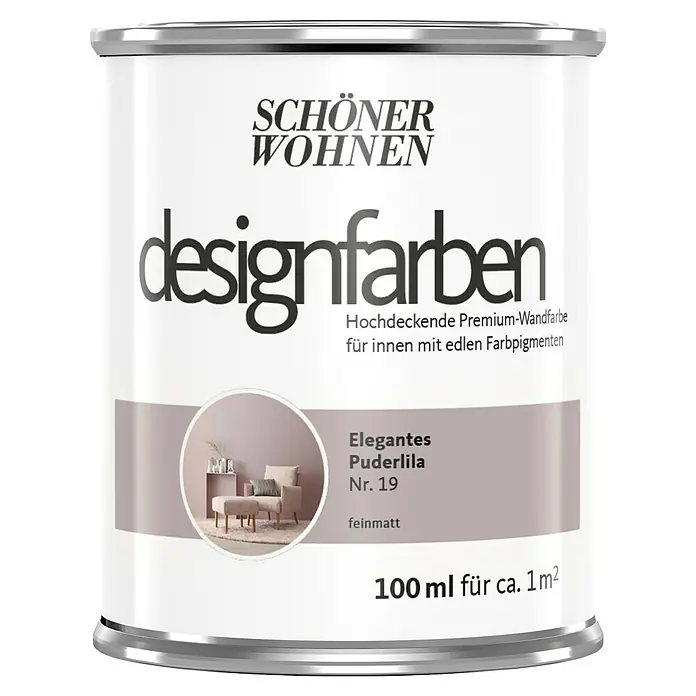 SCHÖNER WOHNEN-Farbe Wandfarbe Designfarbe - Elegantes Puderlila, Matt, 100 ml, Konservierungsmittelfrei - Dose Schönner Wohnen Designfarben "Elegantes Puderlila Nr. 19" für Premium-Wandfarbe, ideal für Innenräume mit edlen Farbpigmenten.