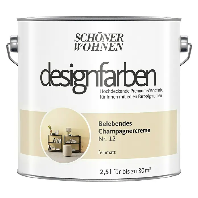 SCHÖNER WOHNEN-Farbe Wandfarbe Designfarbe - Belebendes Champagnercreme, Matt, 2,5 l, Konservierungsmittelfrei - Dose Schöner Wohnen Designfarben, Farbton Belebendes Champagnercreme Nr. 12, eine hochwertige Innenwandfarbe für ein stilvolles Zuhause.