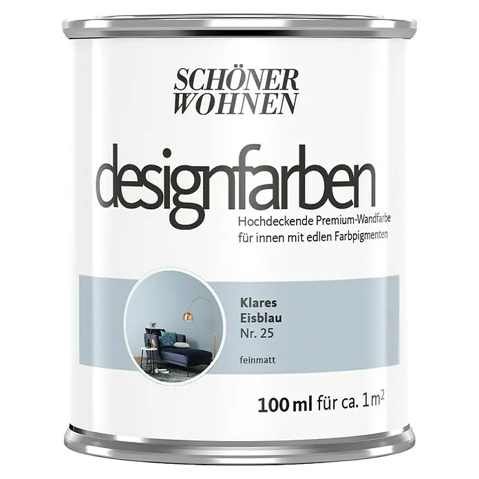 SCHÖNER WOHNEN-Farbe Wandfarbe Designfarbe - Klares Eisblau, Matt, 100 ml, Konservierungsmittelfrei - Dose Schöner Wohnen Designfarbe "Klares Eisblau Nr. 25" für Innenräume, hochdeckend und feinmatt.