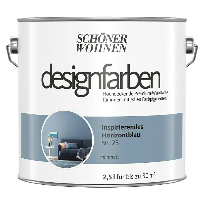 SCHÖNER WOHNEN-Farbe Wandfarbe Designfarbe - Inspirierendes Horizontblau, Matt, 2,5 l, Konservierungsmittelfrei - Dose Schön Wohnen Designfarben Horizontblau Nr. 23, eine matte Premium-Wandfarbe für Innenräume mit edlen Farbpigmenten, Gebindegröße 2,5l für bis zu 30 m².