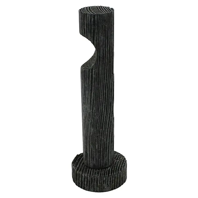 Expo Ambiente Träger Domo - Grau, Geeignet für: Gardinenstangen Ø 28 mm, Länge: 12 cm - Nahaufnahme eines hölzernen Gardinenstangenhalters in Schwarz. Das Produkt hat eine einzigartige, raue Textur und ein modernes Design.