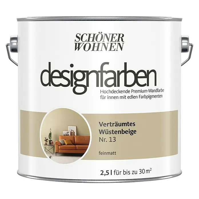 SCHÖNER WOHNEN-Farbe Wandfarbe Designfarbe - Verträumtes Wüstenbeige, Matt, 2,5 l, Konservierungsmittelfrei - Dose Schönere Wohnen Designfarben "Verträumtes Wüstenbeige" Nr. 13, eine matte Premium-Wandfarbe für Innenräume mit edlen Farbpigmenten.
