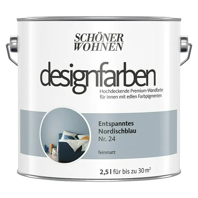 SCHÖNER WOHNEN-Farbe Wandfarbe Designfarbe - Entspanntes Nordischblau, Matt, 2,5 l, Konservierungsmittelfrei - Dose Schöner Wohnen Designfarben "Entspanntes Nordischblau Nr. 24", eine matte Premium-Wandfarbe für Innenräume mit edlen Farbpigmenten.