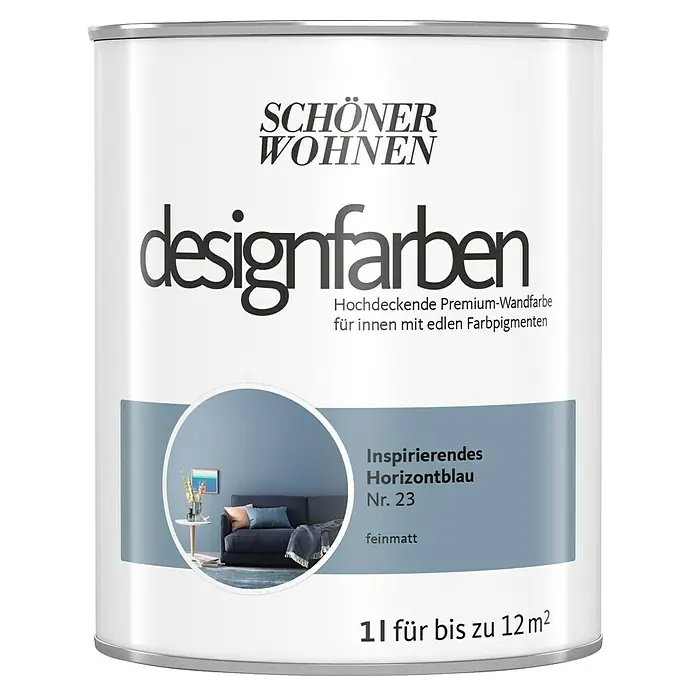 SCHÖNER WOHNEN-Farbe Wandfarbe Designfarbe - Inspirierendes Horizontblau, Matt, 1 l, Konservierungsmittelfrei - Dose Schöner Wohnen Designfarben "Inspirierendes Horizontblau Nr. 23", eine feinmatte Premium-Wandfarbe für Innenräume mit edlen Farbpigmenten.