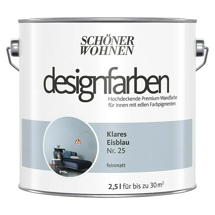 SCHÖNER WOHNEN-Farbe Wandfarbe Designfarbe - Klares Eisblau, Matt, 2,5 l, Konservierungsmittelfrei - Dose Schönere Wohnen Designfarben "Klares Eisblau Nr. 25", eine matte Innenfarbe für Wände mit edlen Farbpigmenten, Füllmenge 2,5l.