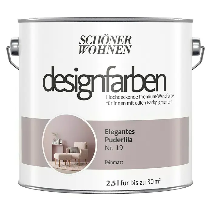 SCHÖNER WOHNEN-Farbe Wandfarbe Designfarbe - Elegantes Puderlila, Matt, 2,5 l, Konservierungsmittelfrei - Farbdose "Schöner Wohnen Designfarben" in elegantem Puderlila, Nr. 19, feinmatt, 2,5l für bis zu 30 m². Hochwertige Wandfarbe für Innenräume.