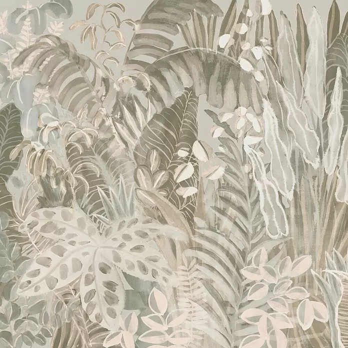 SCHÖNER WOHNEN-Kollektion Cosyliving Fototapete Blätterwald - B x H: 318 x 300 cm, Vlies, Oliv-Grau - Gemaltes tropisches Blättermuster in gedeckten Grün-, Beige- und Rosatönen, das eine üppige, ruhige botanische Szene schafft.