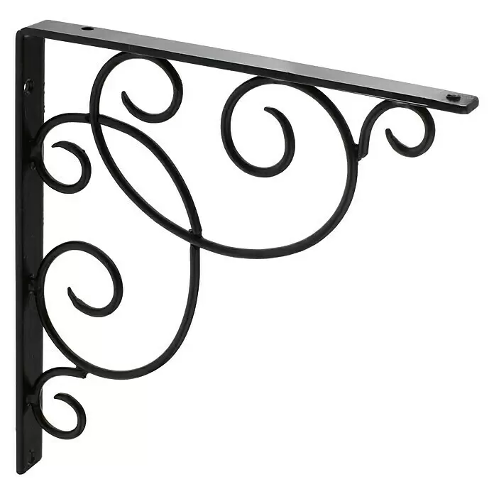 Rei Clásica Escuadra de soporte 1479 - L x An x Al: 27 x 23 x 2 cm, Carga soportada: 20 kg, Acero, Negro - Soporte de estante decorativo de metal negro con elegantes volutas, para montaje en pared.
