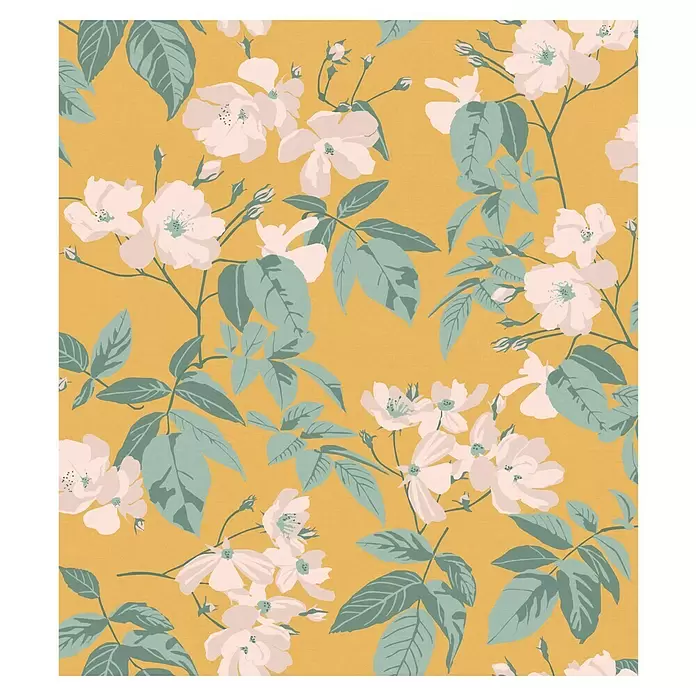 SCHÖNER WOHNEN-Kollektion Cosyliving Fototapete Blumen - B x H: 265 x 300 cm, Vlies, Gelb-Rosa - Nahtloses Muster mit weißen Blüten und türkisen Blättern auf senfgelbem Hintergrund.