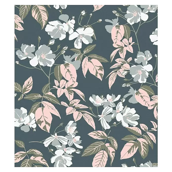SCHÖNER WOHNEN-Kollektion Cosyliving Fototapete Blumen - B x H: 265 x 300 cm, Vlies, Blau-Rosa - Blumenmuster mit dunkelblauem Hintergrund, hellgrauen und weißen Blüten, rosa und grünen Blättern.