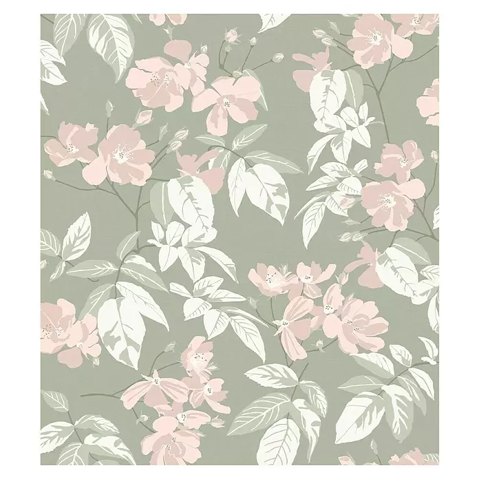 SCHÖNER WOHNEN-Kollektion Cosyliving Fototapete Blumen - B x H: 265 x 300 cm, Vlies, Taupe-Rosa - Blumenmuster mit rosa Blüten und hellgrünen und weißen Blättern auf dünnen Stielen.