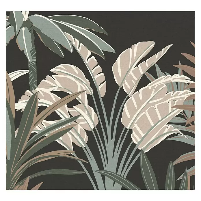 SCHÖNER WOHNEN-Kollektion Cosyliving Fototapete Dschungel - B x H: 318 x 300 cm, Vlies, Schwarz-Mehrfarbig - Stilisiertes Tropenblattmuster in gedeckten Grün-, Beige- und Blaugrautönen auf dunklem Hintergrund.