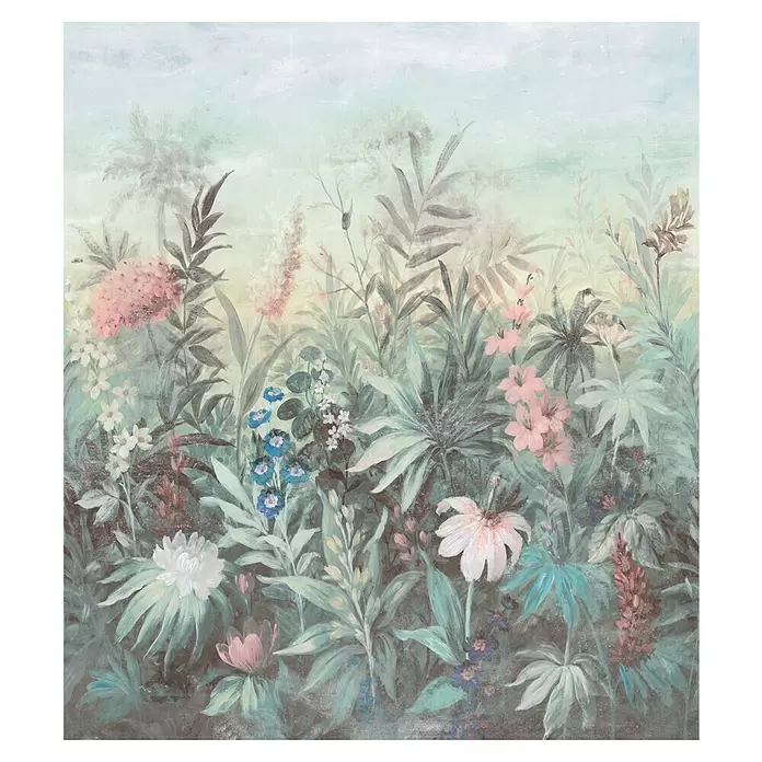SCHÖNER WOHNEN-Kollektion Cosyliving Fototapete Romantische Lodge - B x H: 265 x 300 cm, Vlies - Gedämpftes tropisches Blumenbild mit rosa, blauen und weißen Blüten zwischen üppigem grün-türkisem Laub.