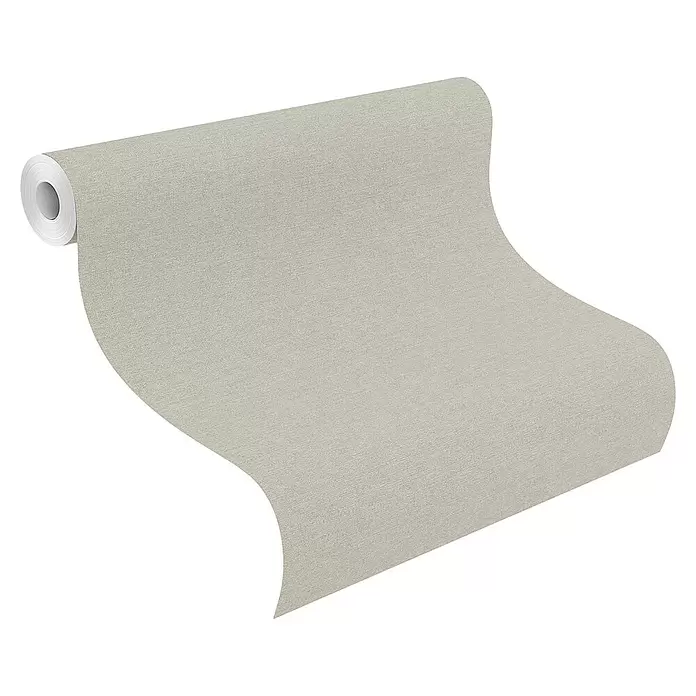 SCHÖNER WOHNEN-Kollektion Cosyliving Vliestapete LINEN - Salbei, Uni, 10,05 x 0,53 m - Rolle hellbeiger, strukturierter Tapete, teilweise abgerollt.