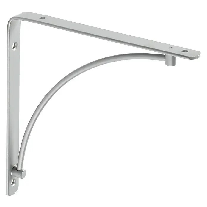 Rei Escuadra de soporte Arch - L x An x Al: 20 x 20 x 2 cm, Plateado - Un soporte de estante plateado con un diseño curvo y orificios de montaje para una instalación segura. Ideal para montar estantes en la pared.
