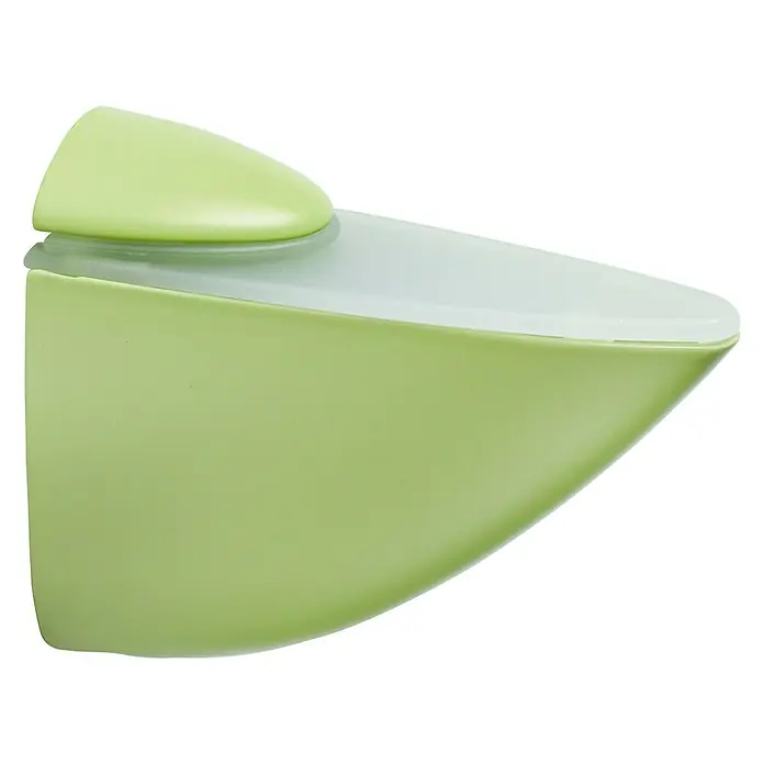 Rei Soporte de pared para estantes 1053 - Verde, Carga soportada: 40 kg, Apto para: Estantes - Jabonera de pared de color verde lima claro con una tapa transparente y una pastilla de jabón de color verde lima encima, sobre un fondo blanco.