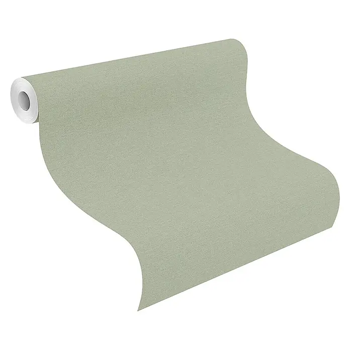 SCHÖNER WOHNEN-Kollektion Cosyliving Vliestapete LINEN - Hellgrün, Uni, 10,05 x 0,53 m - Eine Rolle sandfarbene Tapete mit einer feinen Textur auf einem schwarzen Hintergrund, ideal für die Wandgestaltung.
