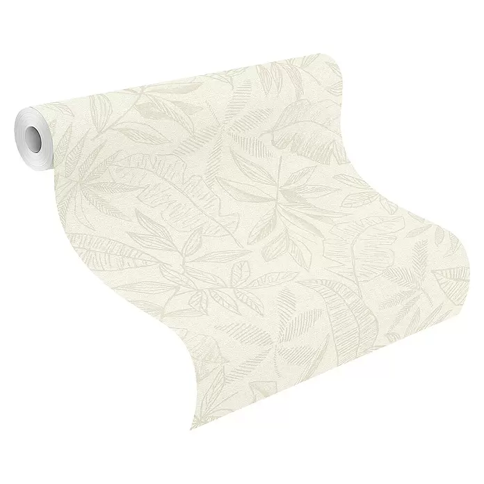 SCHÖNER WOHNEN-Kollektion Cosyliving Vliestapete LEAFAGE Blätter - Naiv-Sand, Floral, 10,05 x 0,53 m - Rolle beiger Tapete mit subtilem cremefarbenem Tropenblattmuster, teilweise abgerollt.