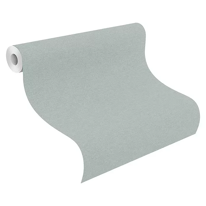 SCHÖNER WOHNEN-Kollektion Cosyliving Vliestapete LINEN - Taubenblau, Uni, 10,05 x 0,53 m - Hellblau-graue strukturierte Tapetenrolle, teilweise ausgerollt.