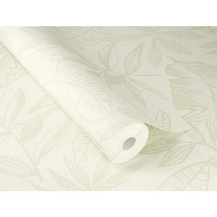 SCHÖNER WOHNEN-Kollektion Cosyliving Vliestapete LEAFAGE Blätter - Naiv-Sand, Floral, 10,05 x 0,53 m - Nahaufnahme einer Rolle strukturierten Vliestapete mit Blättermuster in sanften, neutralen Farbtönen. Die Tapete ist ein elegantes Gestaltungselement.