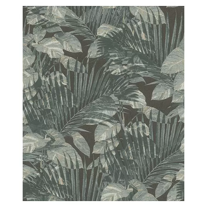 SCHÖNER WOHNEN-Kollektion Cosyliving Vliestapete TROPICAL Schattenblatt - Petrol, Floral, 10,05 x 0,53 m - Dunkle Tapete mit grau-grünem Tropenblattmuster und subtilen Goldakzenten.