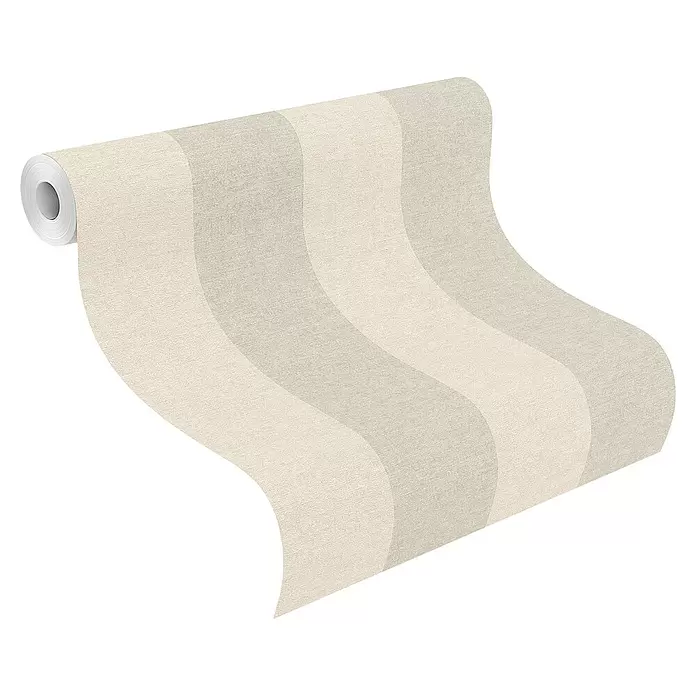 SCHÖNER WOHNEN-Kollektion Cosyliving Vliestapete STRIPE - Salbei-Sand, Streifen, 10,05 x 0,53 m - Strukturierte Tapetenrolle mit abwechselnd hellbeigen und graubeigen Streifen, entrollt, um das Muster zu zeigen.