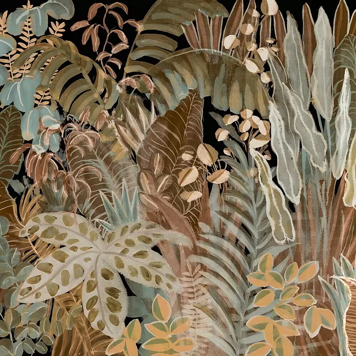 SCHÖNER WOHNEN-Kollektion Cosyliving Fototapete Blätterwald - B x H: 318 x 300 cm, Vlies, Terra-Mehrfarbig - Dichte, stilisierte botanische Illustration tropischer Blätter in gedämpften Braun-, Beige- und Grüntönen.