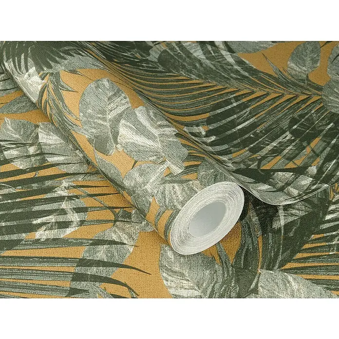 SCHÖNER WOHNEN-Kollektion Cosyliving Vliestapete TROPICAL Schattenblatt - Gelb-Grün-Senf, Floral, 10,05 x 0,53 m - Ein Musterstück der Vlies-Tapete "Java" mit tropischen Blättern in Grün und Gold. Hochwertige Tapete für ein stilvolles Zuhause.