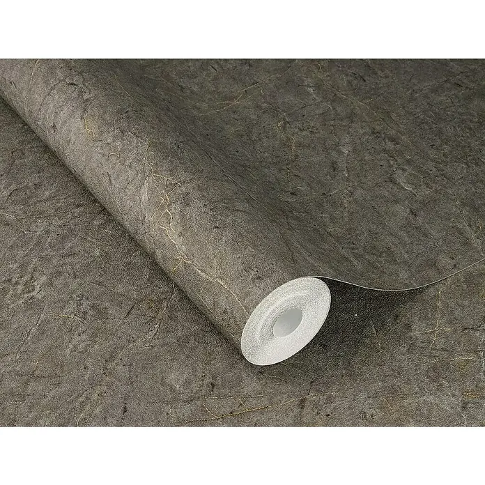 SCHÖNER WOHNEN-Kollektion Cosyliving Vliestapete MARBLE Marmor - Anthrazit, Steinoptik, 10,05 x 0,53 m - Nahaufnahme einer Rolle Vinyltapete mit einem Muster, das dunklen Stein mit goldenen Akzenten imitiert. Perfekt für stilvolle Akzentwände.