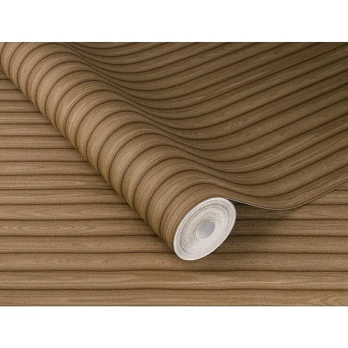 SCHÖNER WOHNEN-Kollektion Cosyliving Vliestapete LODGE Rundholz - Braun, Holzoptik, 10,05 x 0,53 m - Nahaufnahme einer Rolle Holzpaneel-Tapete mit horizontaler Ausrichtung und warmen Brauntönen.