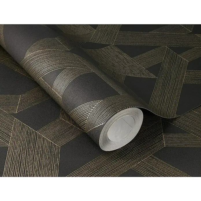 SCHÖNER WOHNEN-Kollektion Cosyliving Vliestapete LINES Grafik - Braun-Kupfer, Grafisch, 10,05 x 0,53 m - Detailaufnahme einer Rolle dunkler Tapete mit abstraktem, goldenem Liniendesign. Ideal für moderne Wandgestaltung und Innenarchitektur.