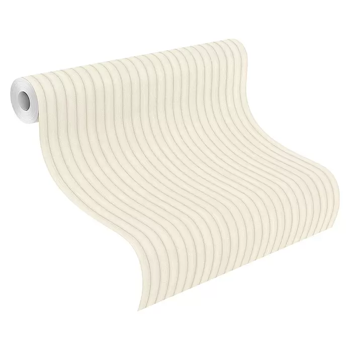 SCHÖNER WOHNEN-Kollektion Cosyliving Vliestapete LODGE Rundholz - Beige-Creme, Holzoptik, 10,05 x 0,53 m - Rolle hellbeige strukturierte Tapete mit Rippenmuster, teilweise abgerollt.