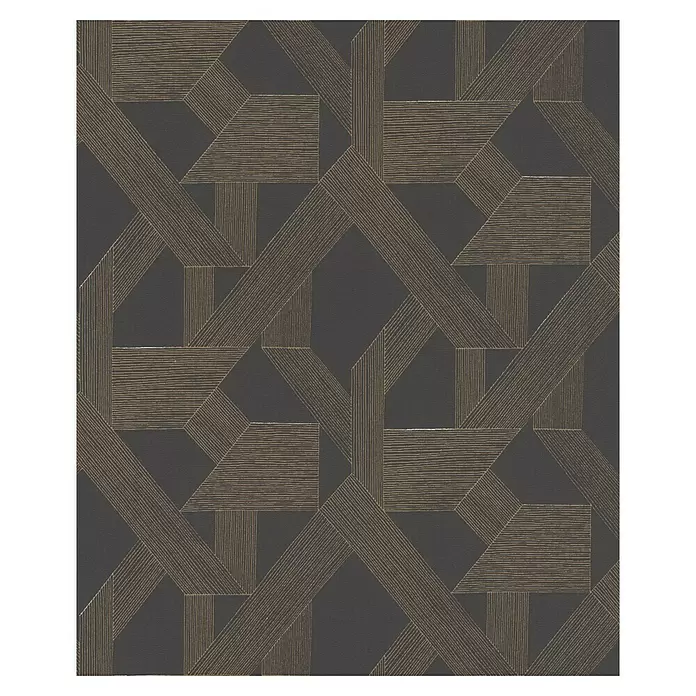 SCHÖNER WOHNEN-Kollektion Cosyliving Vliestapete LINES Grafik - Braun-Kupfer, Grafisch, 10,05 x 0,53 m - Dunkelgraue Tapete mit ineinandergreifendem geometrischem Muster aus strukturierten Goldlinien, die einen Korbflecht-Effekt erzeugen.