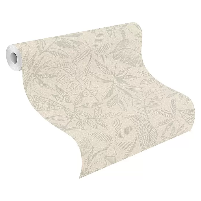 SCHÖNER WOHNEN-Kollektion Cosyliving Vliestapete LEAFAGE Blätter - Naiv-Salbei, Floral, 10,05 x 0,53 m - Rolle hellbeiger Tapete mit zartem botanischem Blättermuster, teilweise abgerollt.