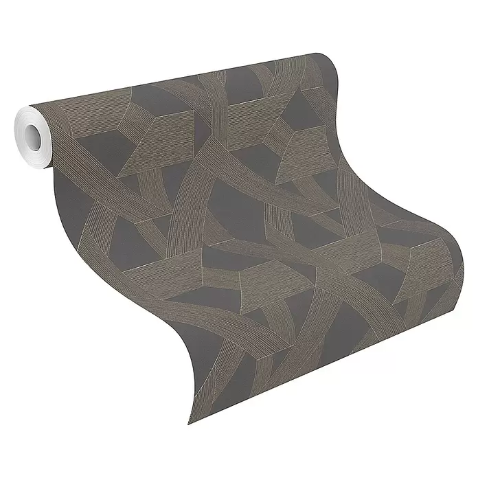 SCHÖNER WOHNEN-Kollektion Cosyliving Vliestapete LINES Grafik - Braun-Kupfer, Grafisch, 10,05 x 0,53 m - Rolle dunkle graue Tapete mit goldfarbenem geometrischem Muster.
