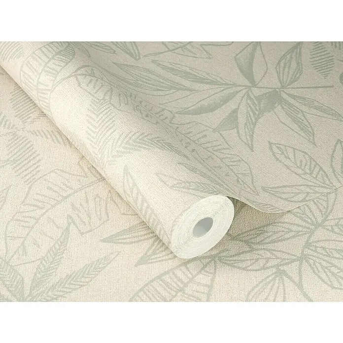 SCHÖNER WOHNEN-Kollektion Cosyliving Vliestapete LEAFAGE Blätter - Naiv-Salbei, Floral, 10,05 x 0,53 m - Nahaufnahme einer Rolle botanischer Tapete in neutralen Farbtönen, die ein elegantes und natürliches Design für die Raumgestaltung bietet.