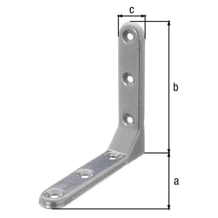 Stabilit Escuadra de silla reforzada - L x An x Al: 100 x 100 x 21 mm - Primer plano de un soporte angular de color plateado con dimensiones a, b y c, que representan la longitud/ancho del soporte metálico.