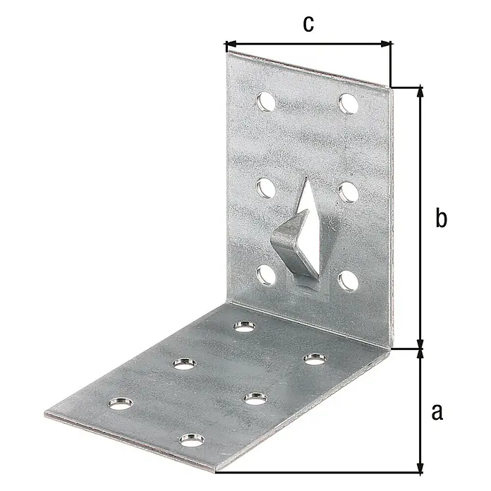 Stabilit Conector en ángulo con diente - L x An x Al: 40 x 60 x 60 mm, Zincado - Un primer plano de un soporte de ángulo con las dimensiones etiquetadas a, b y c para proyectos de construcción o reparación.