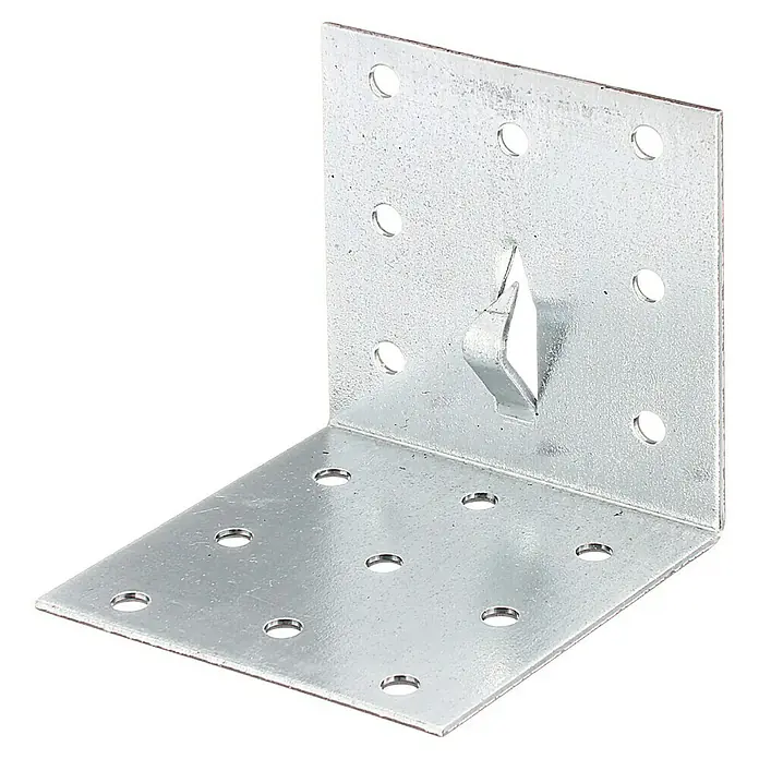 Alberts Conector en ángulo con diente - L x An x Al: 60 x 60 x 60 mm, Zincado - Una escuadra metálica galvanizada con agujeros y gancho de montaje, ideal para construcciones y conexiones robustas.