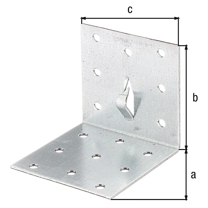 Alberts Conector en ángulo con diente - L x An x Al: 60 x 60 x 60 mm, Zincado - Soporte de ángulo de metal con agujeros y dimensiones marcadas a, b, c.