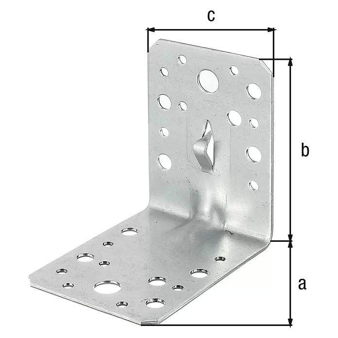 Stabilit Escuadra para cargas pesadas - L x An x Al: 90 x 90 x 65 mm, Acero - Escuadra de acero galvanizado con múltiples perforaciones para madera, mostrando dimensiones a, b, c.