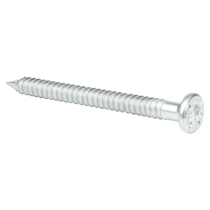 Stabilit Clavo - Ø x L: 4 x 40 mm, Acero, 50 ud. - Primer plano de un solo tornillo de color plateado con rosca y cabeza plana sobre un fondo negro contrastante.