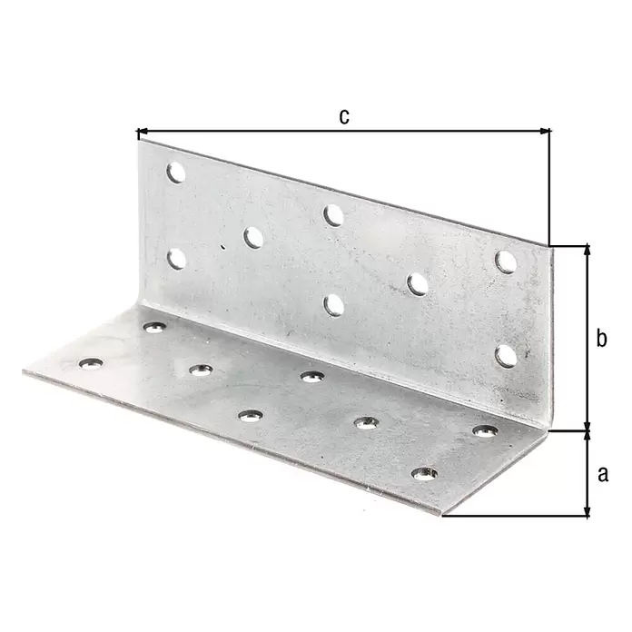 Stabilit Escuadra ancha - L x An: 100 x 40 mm, Plateado, Acero - Escuadra metálica en forma de L galvanizada con múltiples orificios pre-perforados, indicando medidas a, b y c.